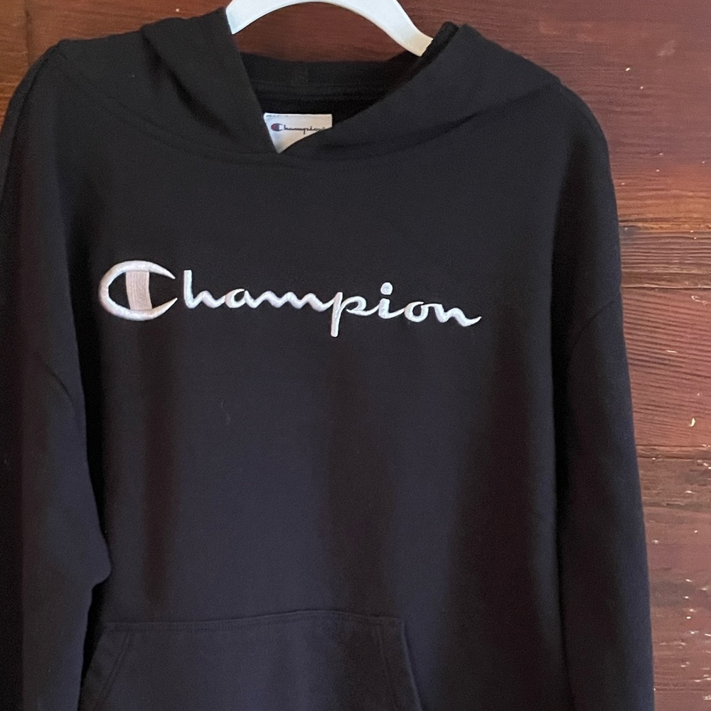 Champion Embroidered Logo Hoodie Sweatshirt, Kangaroo Pocket, French Terry - Picture 3 of 8